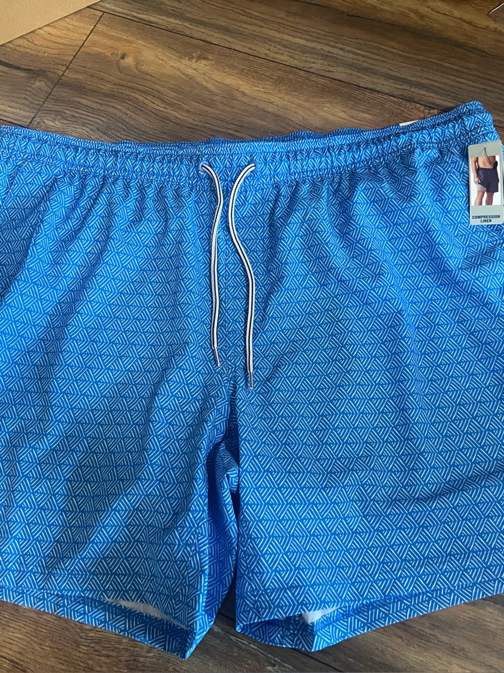 George Men's Blue Geometric Swim Trunks with Contrast Drawstring